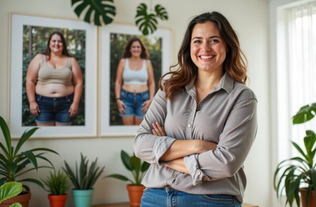 A happy plus-size woman stands beside a poster with her before and after weight loss photos, showing her amazing transformation. The room is filled with plants and bright colors.